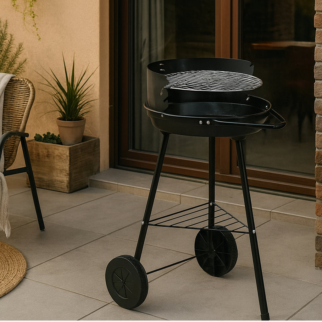 Barbacoa de Carbón con Ruedas y Parrilla Redonda de 42 cm