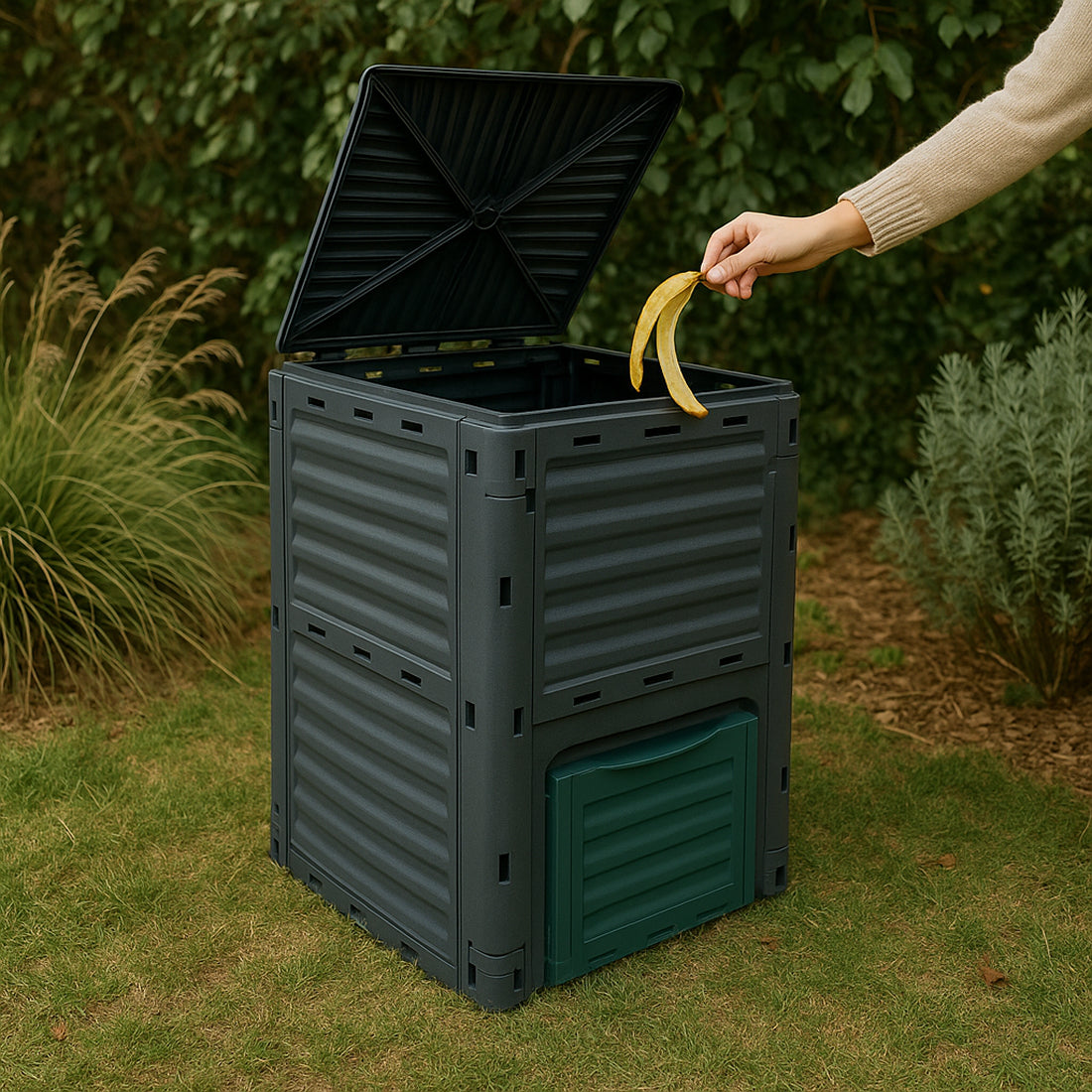 Compostador de Jardín 300L con Tapa Abatible y Ventilación