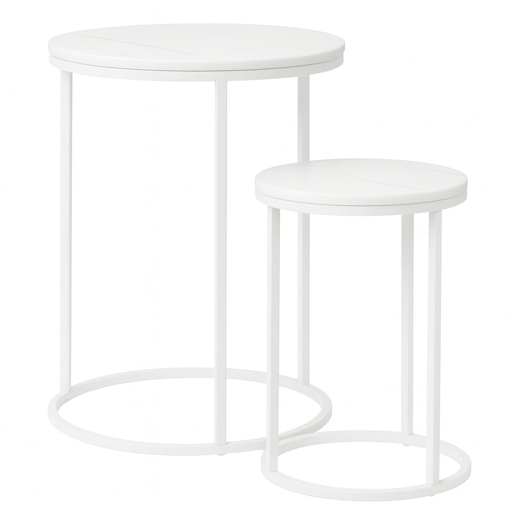 Set 2 Mesas Auxiliares Redondas de Madera y Metal, Blanco