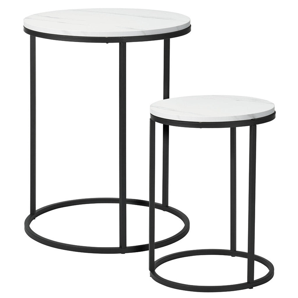 Set 2 Mesas Auxiliares Redondas de Madera y Metal, Mármol