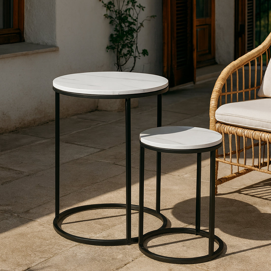 Set 2 Mesas Auxiliares Redondas de Madera y Metal, Mármol