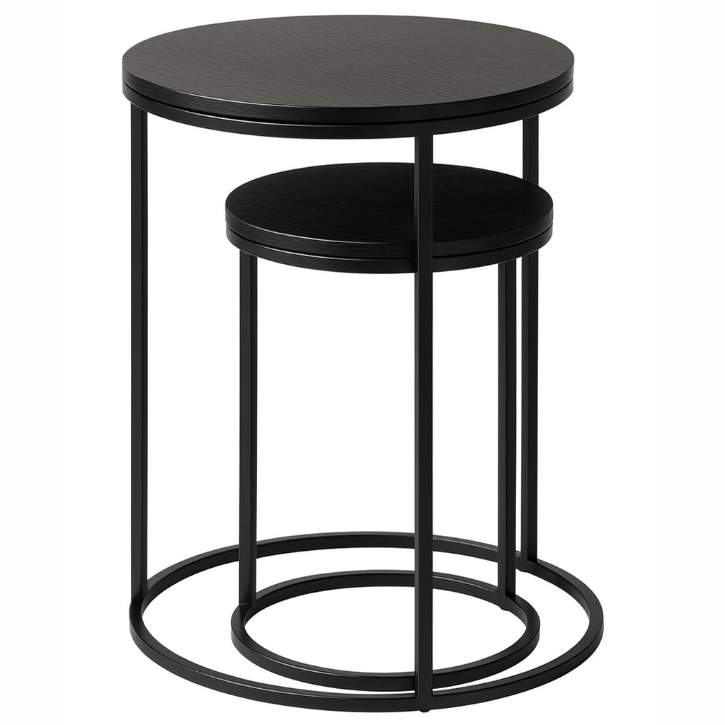 Set 2 Mesas Auxiliares Redondas de Madera y Metal, Negro