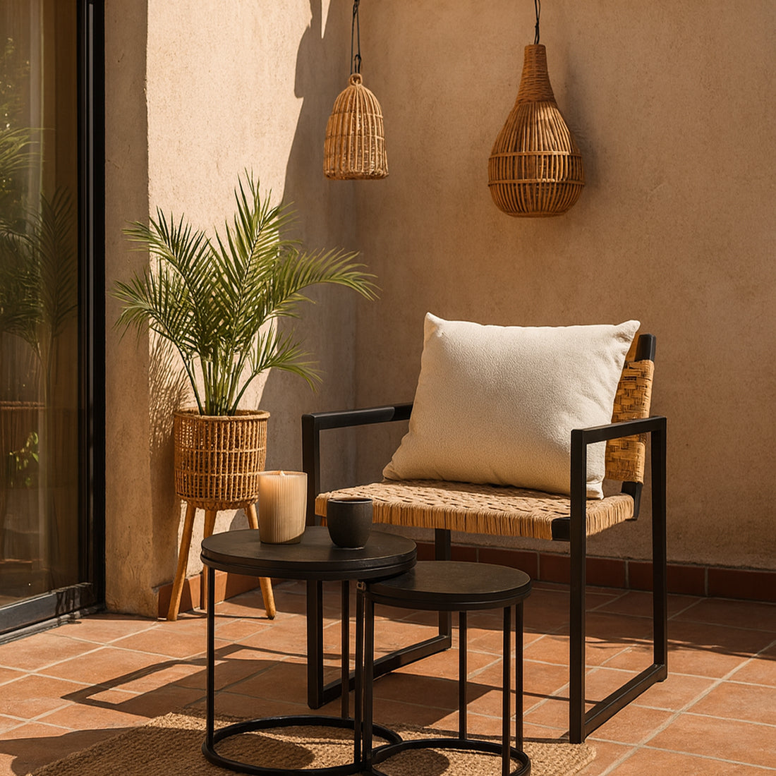 Set 2 Mesas Auxiliares Redondas de Madera y Metal, Negro