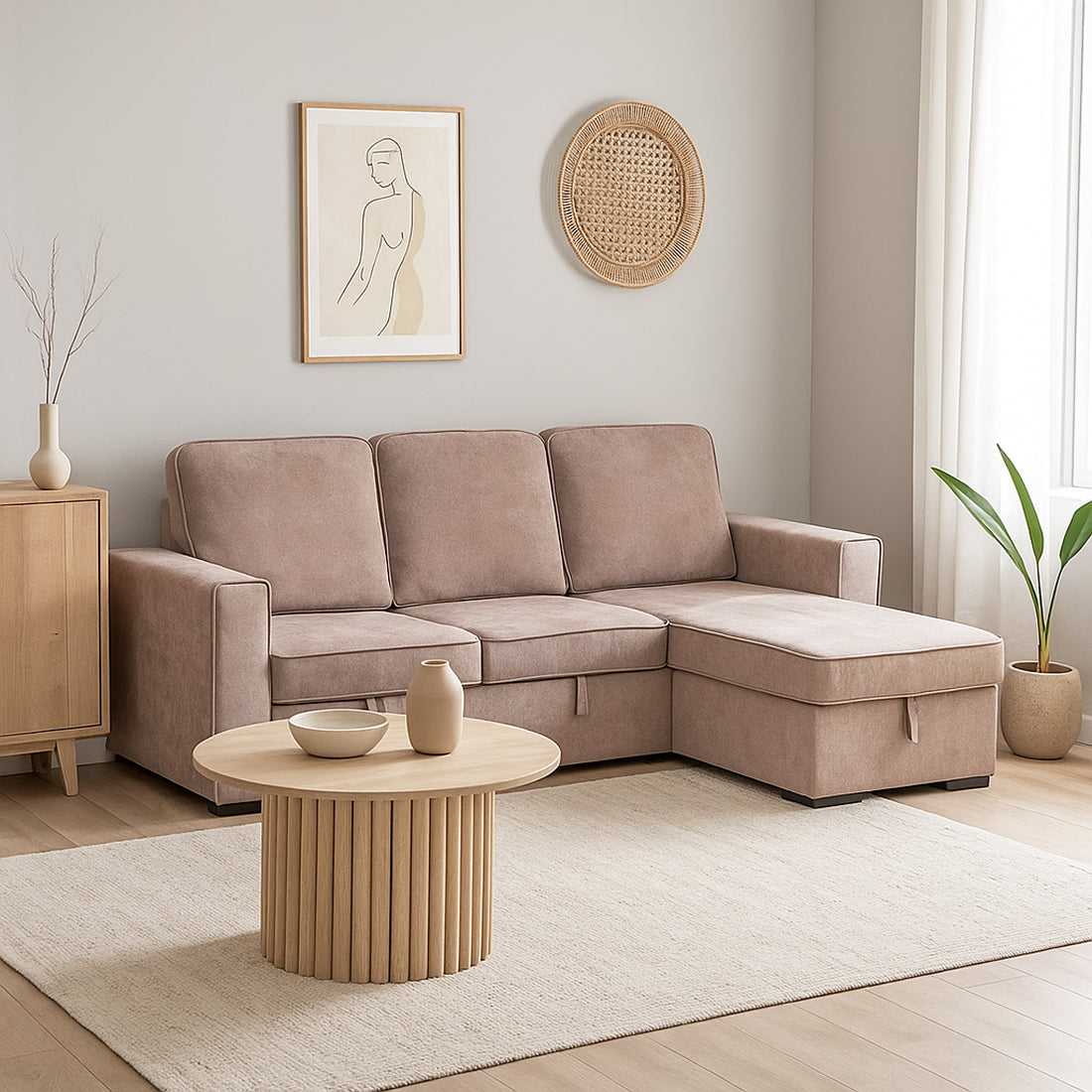 Sofá Chaise Longue Convertible con Arcón Nepal Beige