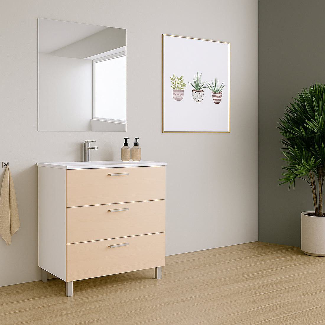 Mueble de Baño Completo con Lavabo, Grifo y Espejo, Roble