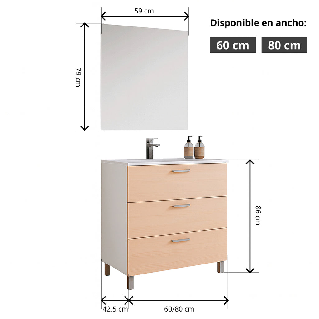 Mueble de Baño Completo con Lavabo, Grifo y Espejo, Roble