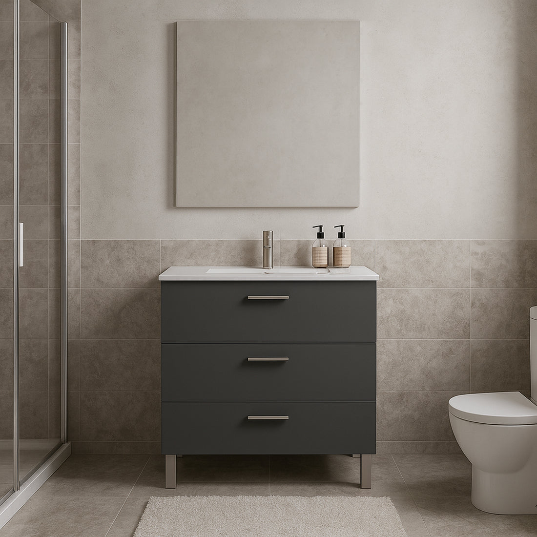 Mueble de Baño Completo con Lavabo, Grifo y Espejo, Antracita