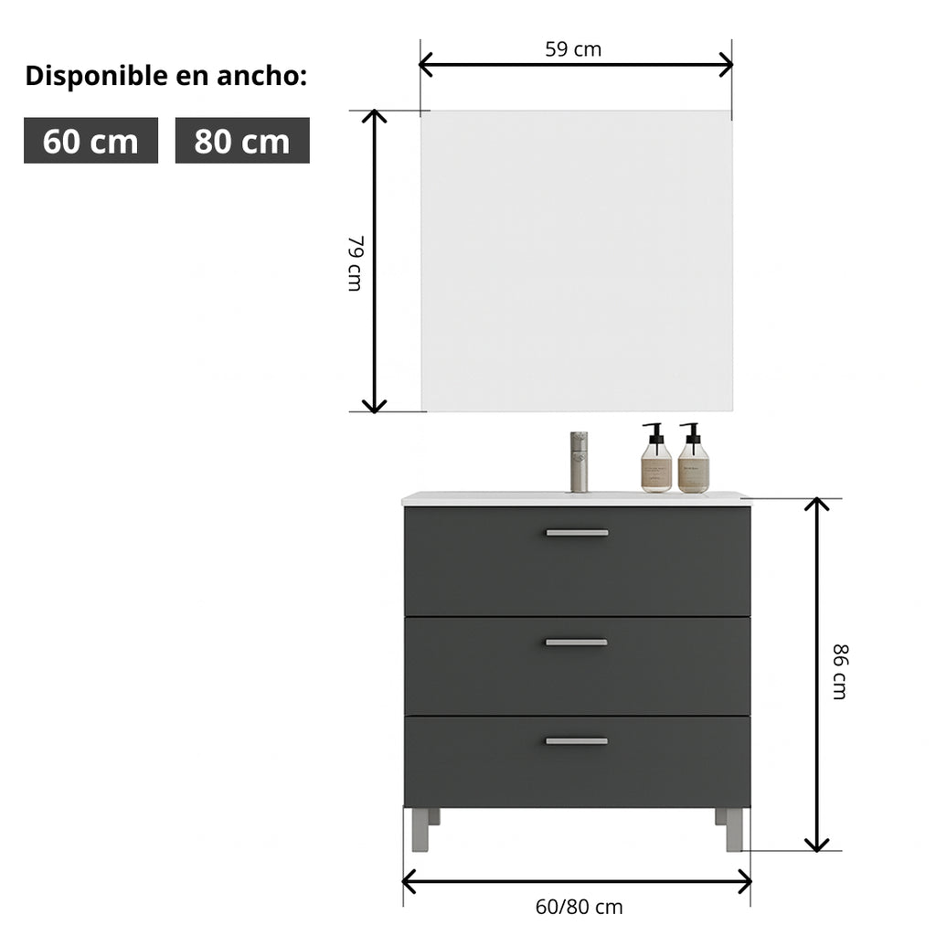 Mueble de Baño Completo con Lavabo, Grifo y Espejo, Antracita