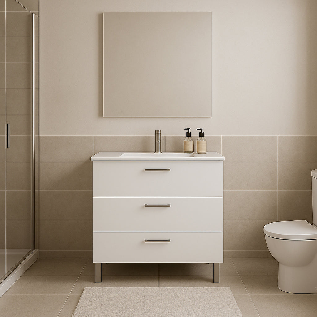 Mueble de Baño Completo con Lavabo, Grifo y Espejo, Blanco