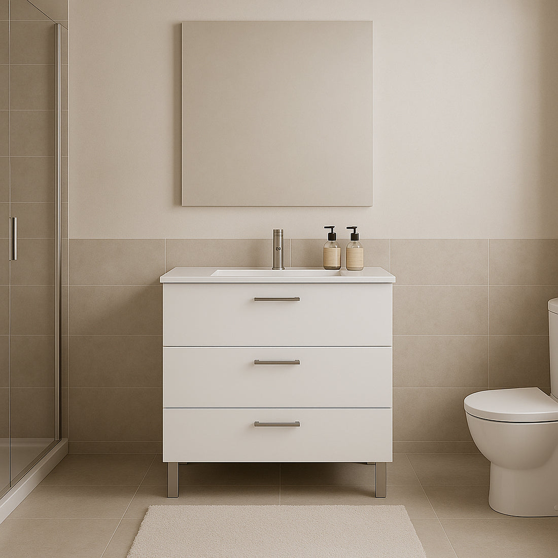 Mueble de Baño Completo con Lavabo, Grifo y Espejo, Blanco