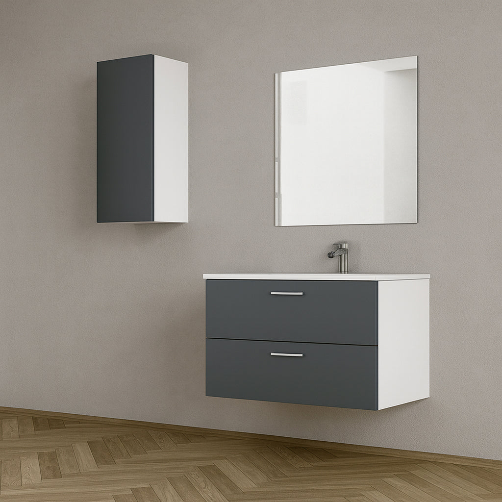 Mueble de Baño Completo con Columna, Lavabo, Grifo y Espejo, Antracita