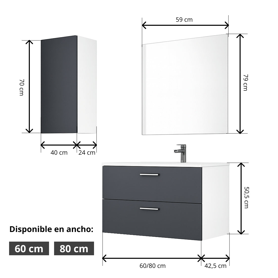 Mueble de Baño Completo con Columna, Lavabo, Grifo y Espejo, Antracita