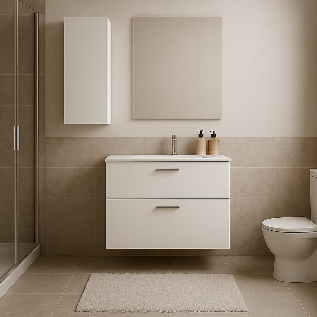 Mueble de Baño Completo con Columna, Lavabo, Grifo y Espejo, Blanco