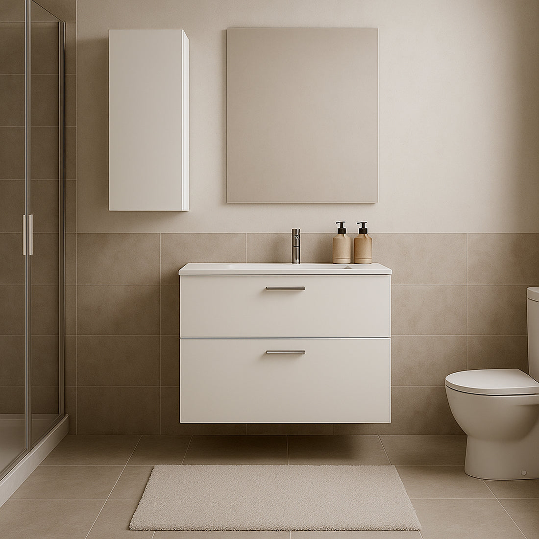 Mueble de Baño Completo con Columna, Lavabo, Grifo y Espejo, Blanco