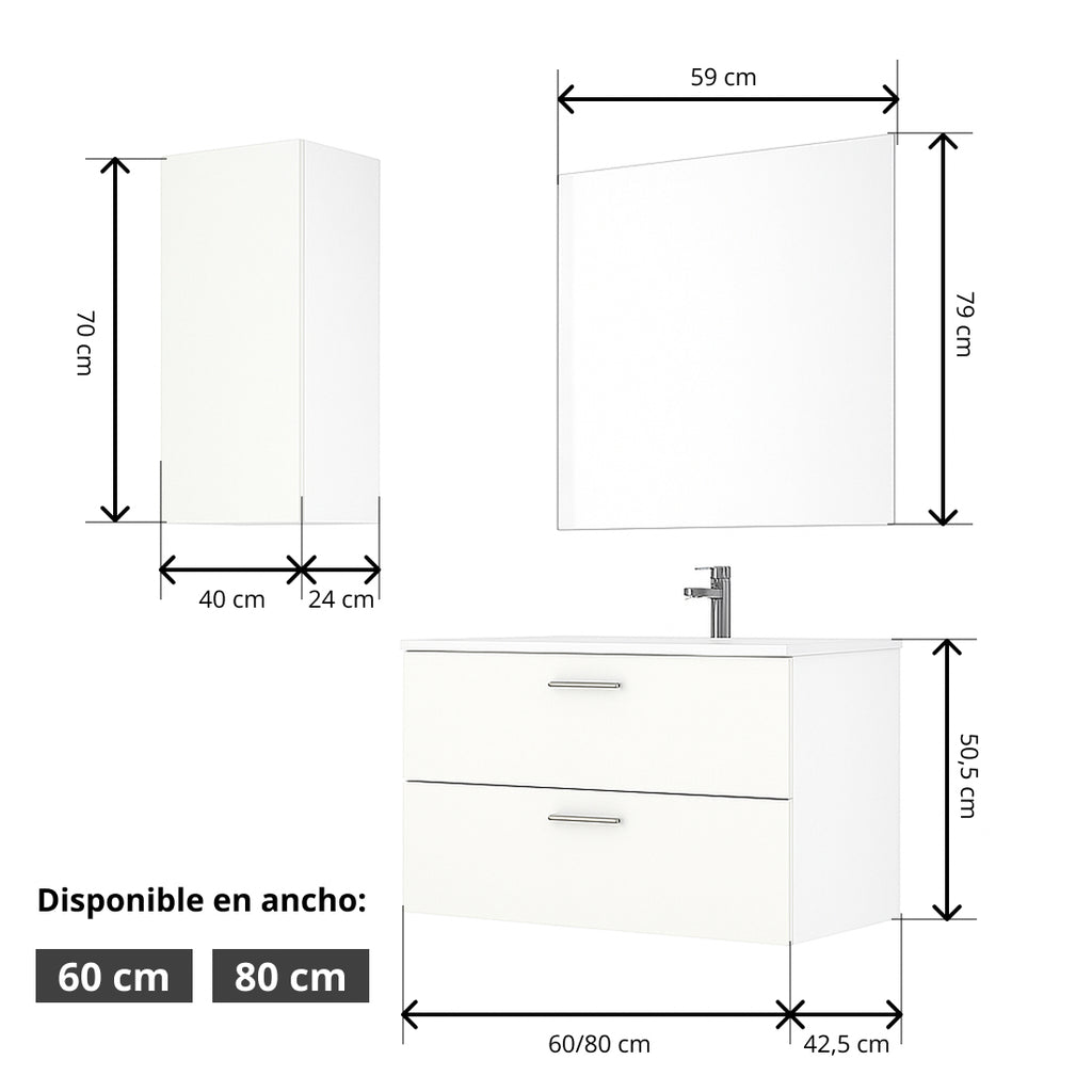 Mueble de Baño Completo con Columna, Lavabo, Grifo y Espejo, Blanco
