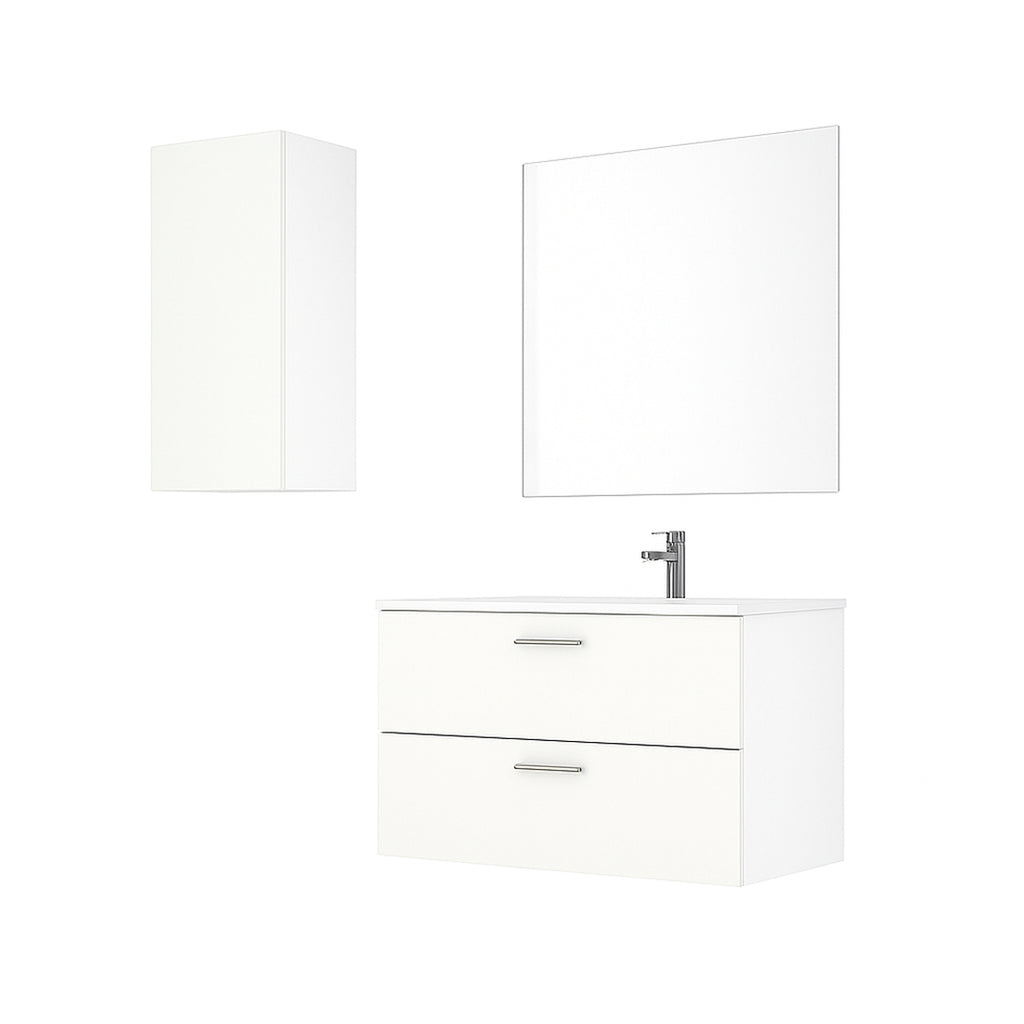 Mueble de Baño Completo con Columna, Lavabo, Grifo y Espejo, Blanco