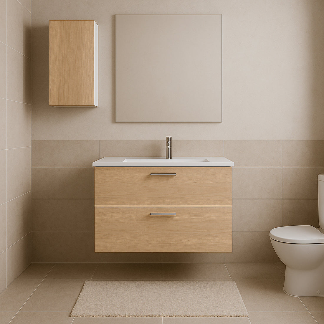 Mueble de Baño Completo con Columna, Lavabo, Grifo y Espejo, Roble