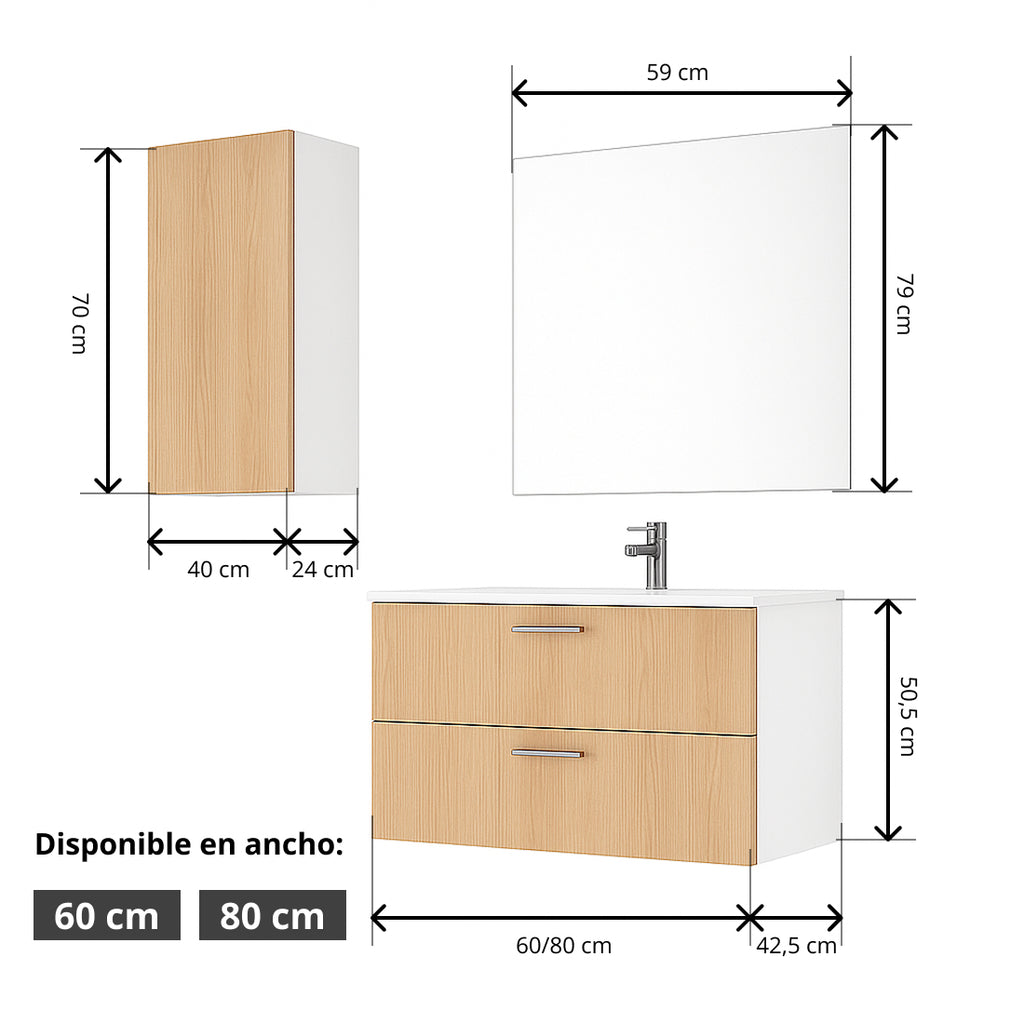 Mueble de Baño Completo con Columna, Lavabo, Grifo y Espejo, Roble