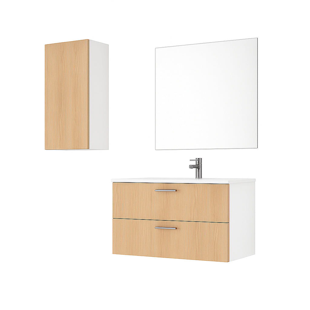 Mueble de Baño Completo con Columna, Lavabo, Grifo y Espejo, Roble