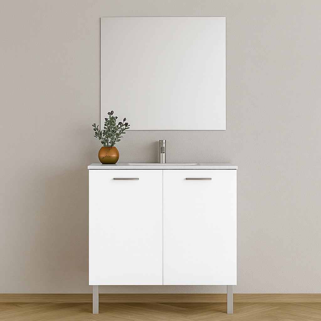 Mueble de Baño Completo con Lavabo, Grifo y Espejo, Blanco