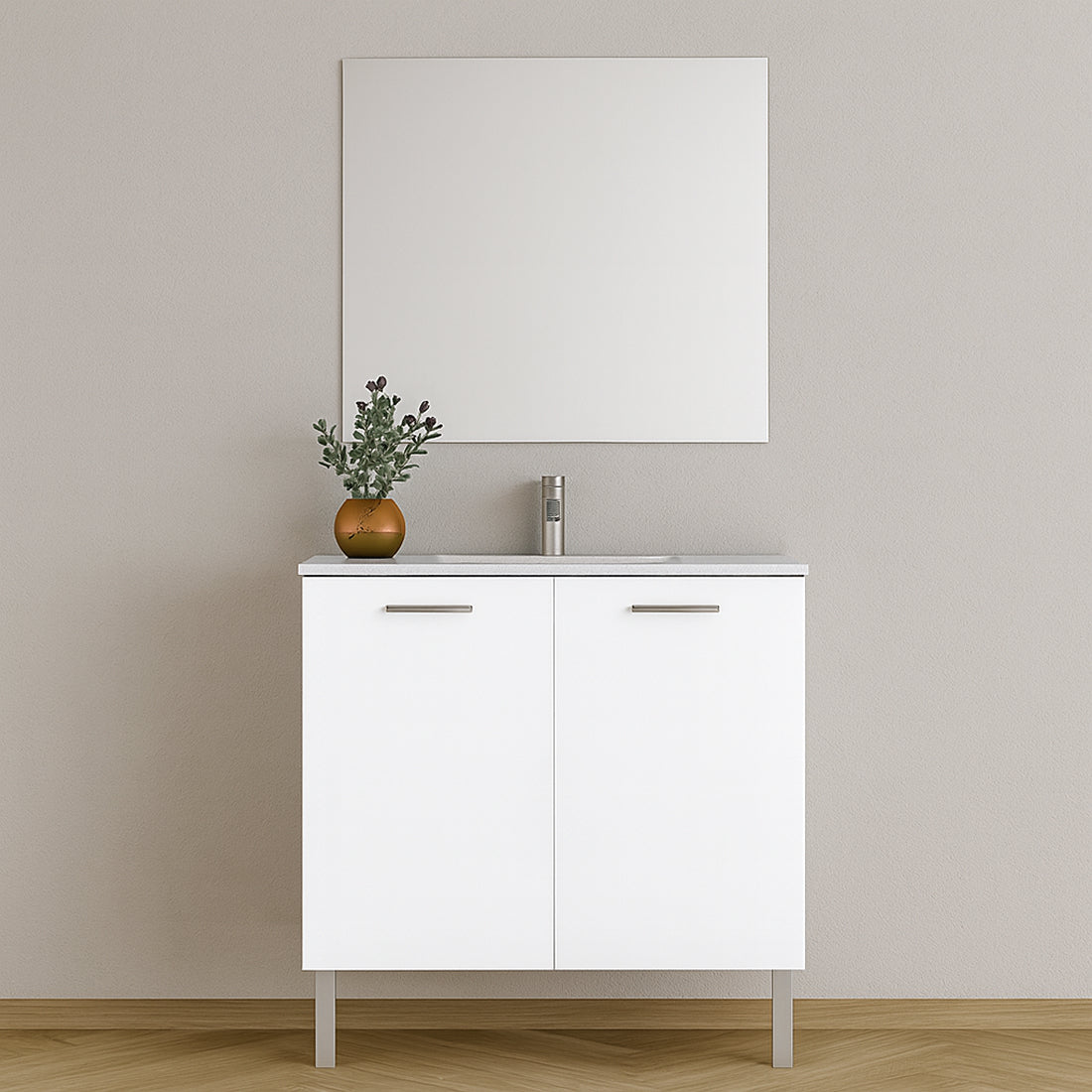 Mueble de Baño Completo con Lavabo, Grifo y Espejo, Blanco