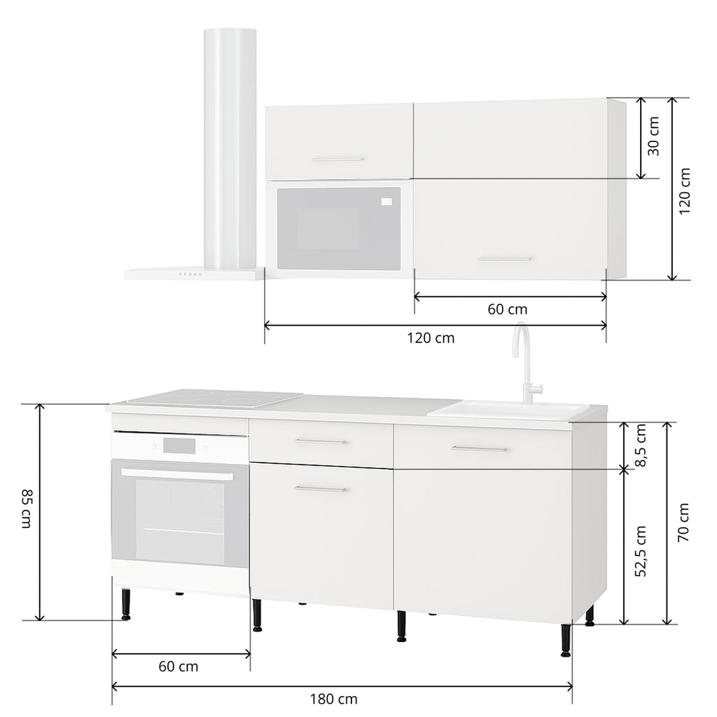 Cocina Modular con Muebles Altos y Bajos, Blanco