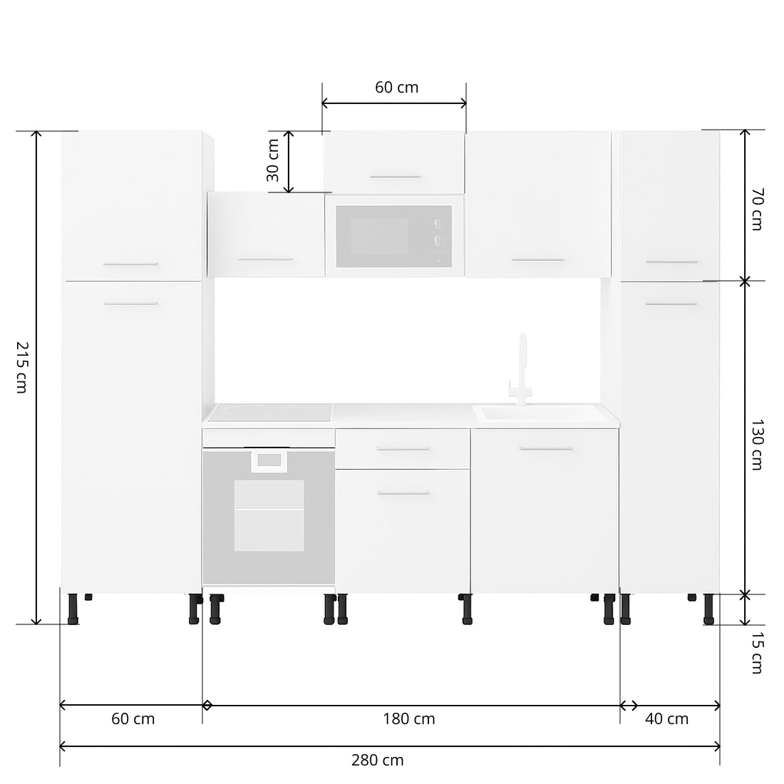 Cocina Modular con Muebles Altos, Bajos y Columna, Blanco