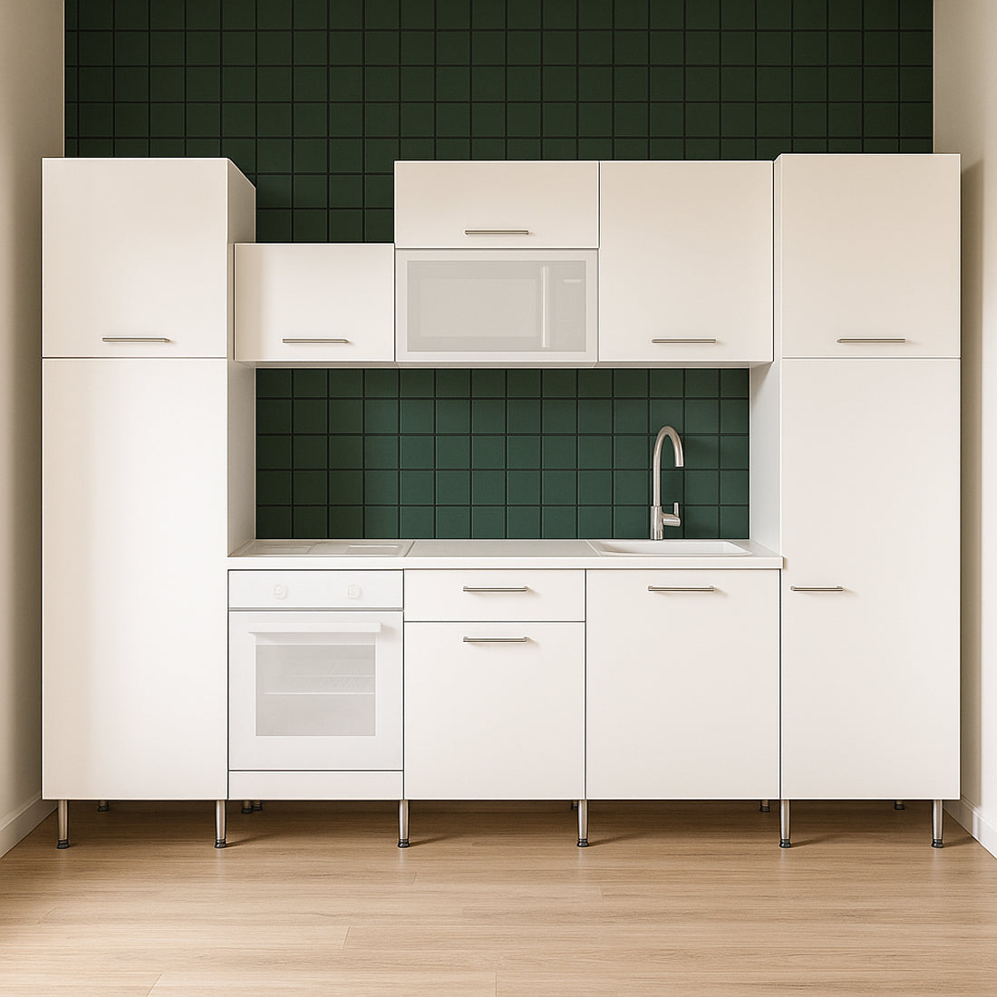 Cocina Modular con Muebles Altos, Bajos y Columna, Blanco