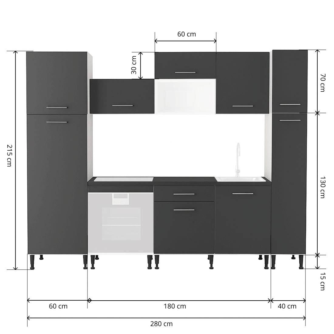 Cocina Modular con Muebles Altos, Bajos y Columna, Antracita