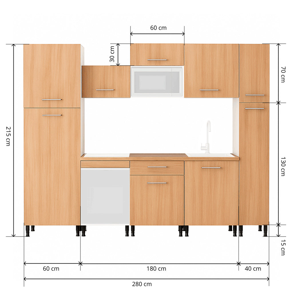 Cocina Modular con Muebles Altos, Bajos y Columna, Roble
