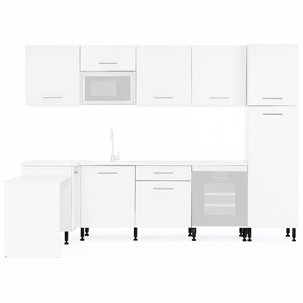 Cocina Modular con Muebles Altos, Bajos, Columna y Barra, Blanco