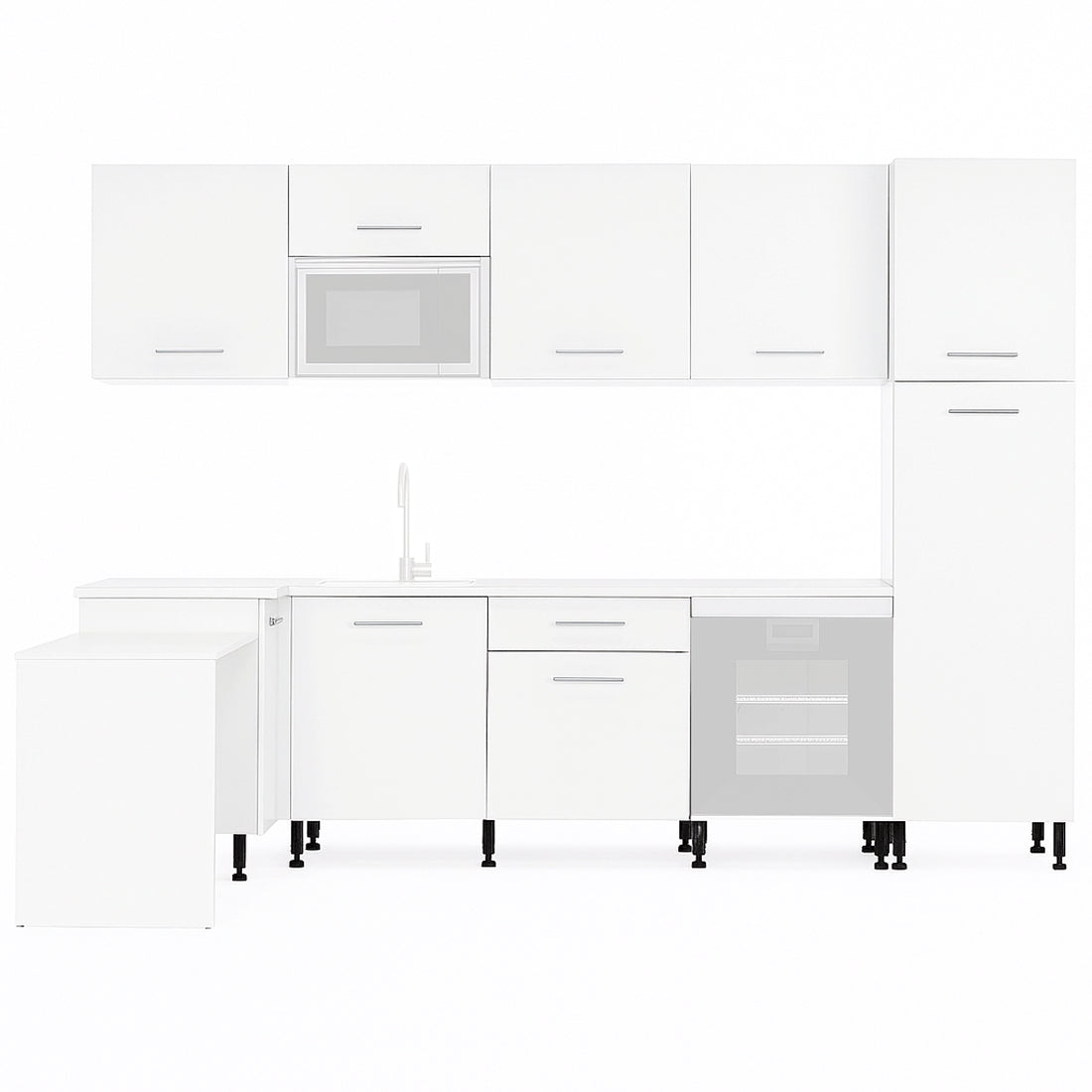 Cocina Modular con Muebles Altos, Bajos, Columna y Barra, Blanco