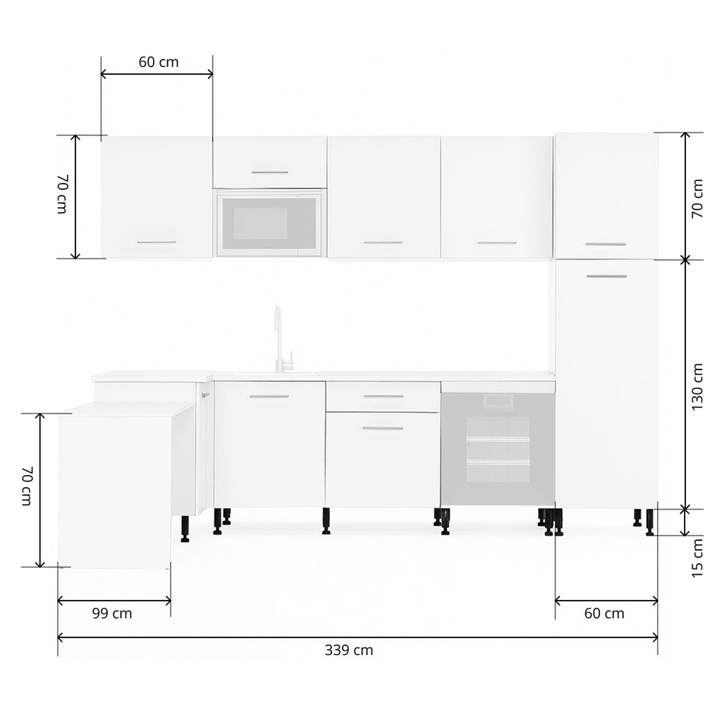 Cocina Modular con Muebles Altos, Bajos, Columna y Barra, Blanco