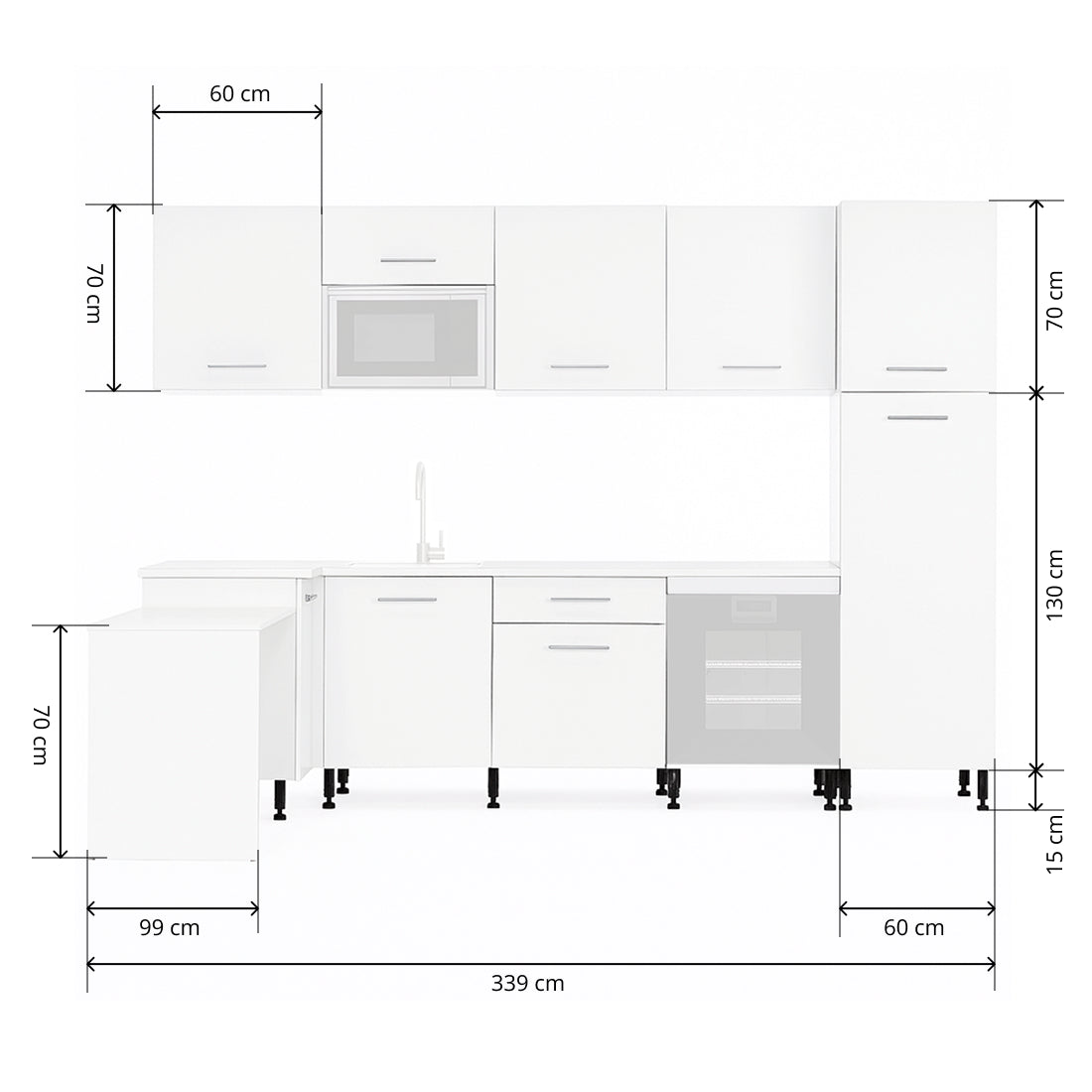 Cocina Modular con Muebles Altos, Bajos, Columna y Barra, Blanco