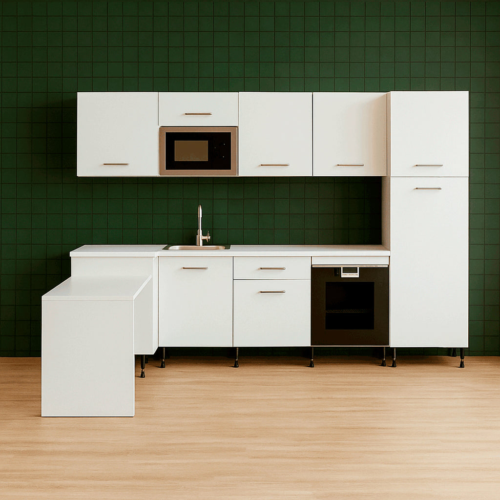 Cocina Modular con Muebles Altos, Bajos, Columna y Barra, Blanco