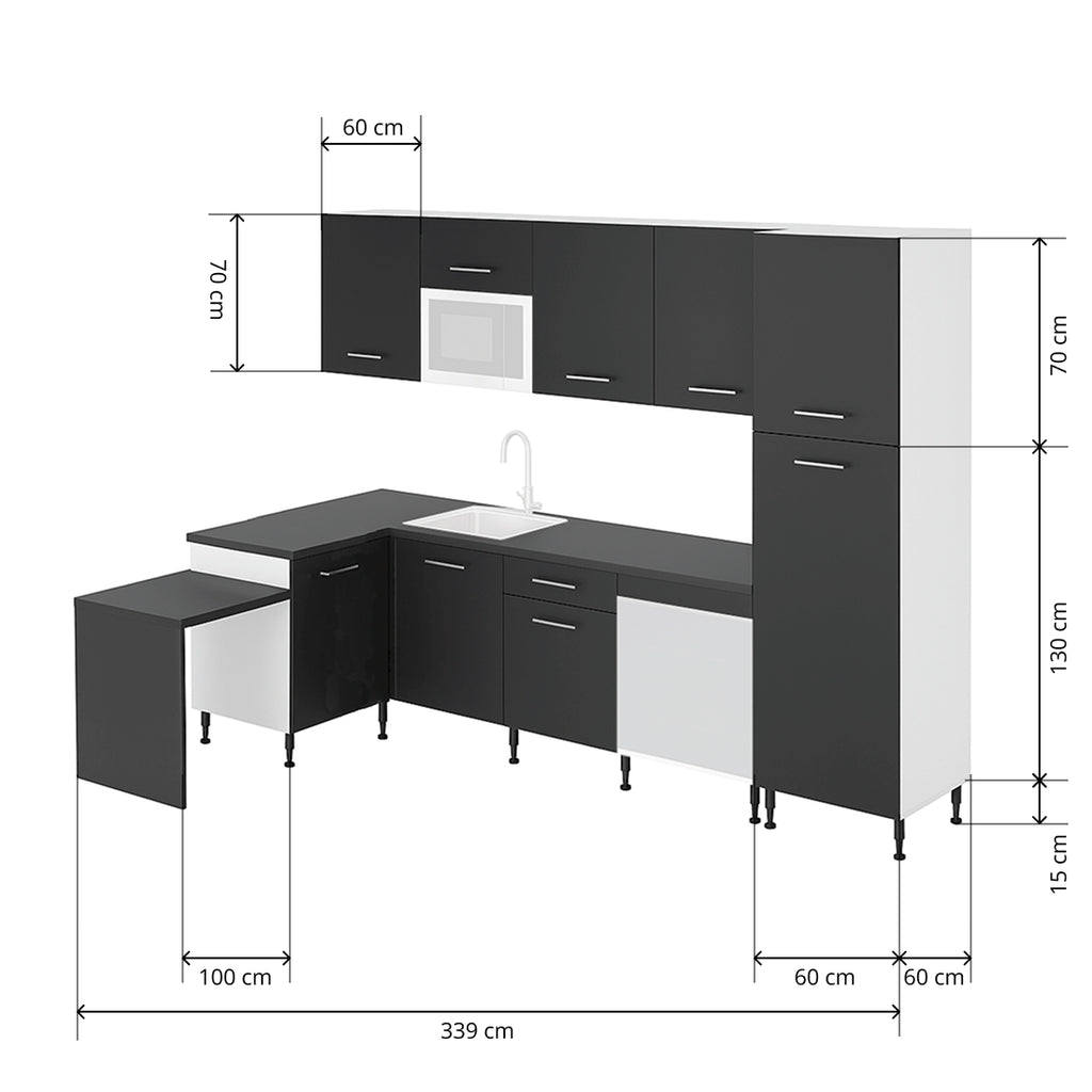 Cocina Modular con Muebles Altos, Bajos, Columna y Barra, Antracita