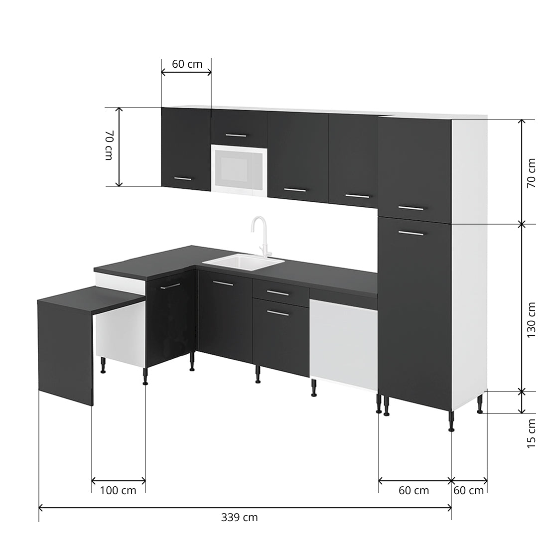 Cocina Modular con Muebles Altos, Bajos, Columna y Barra, Antracita