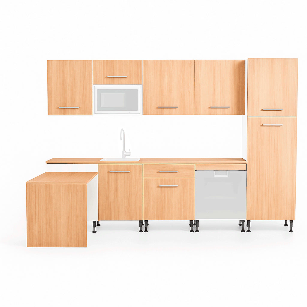 Cocina Modular con Muebles Altos, Bajos, Columna y Barra, Roble