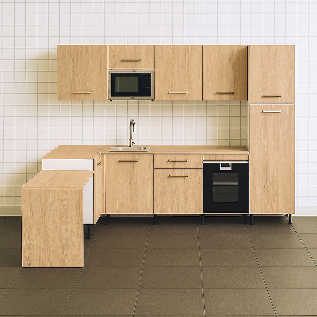 Cocina Modular con Muebles Altos, Bajos, Columna y Barra, Roble