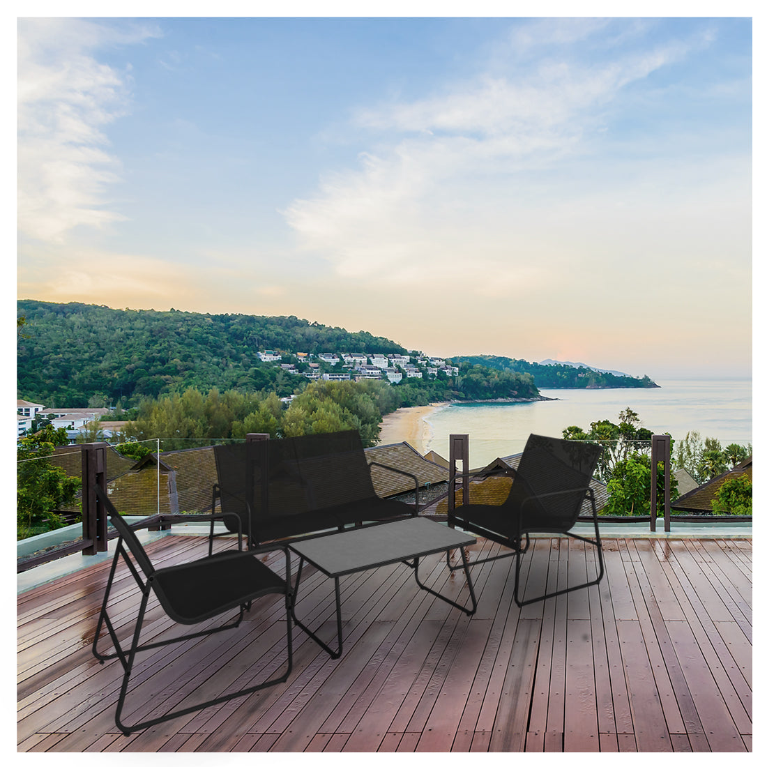 Conjunto de Jardín Negro con 2 Sillas, Sofá y Mesa de Acero