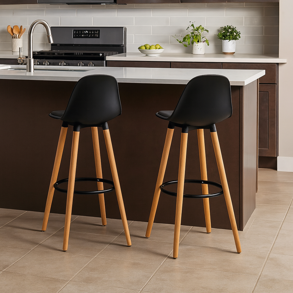 Juego de 2 Taburetes con Respaldo y Reposapiés Negro