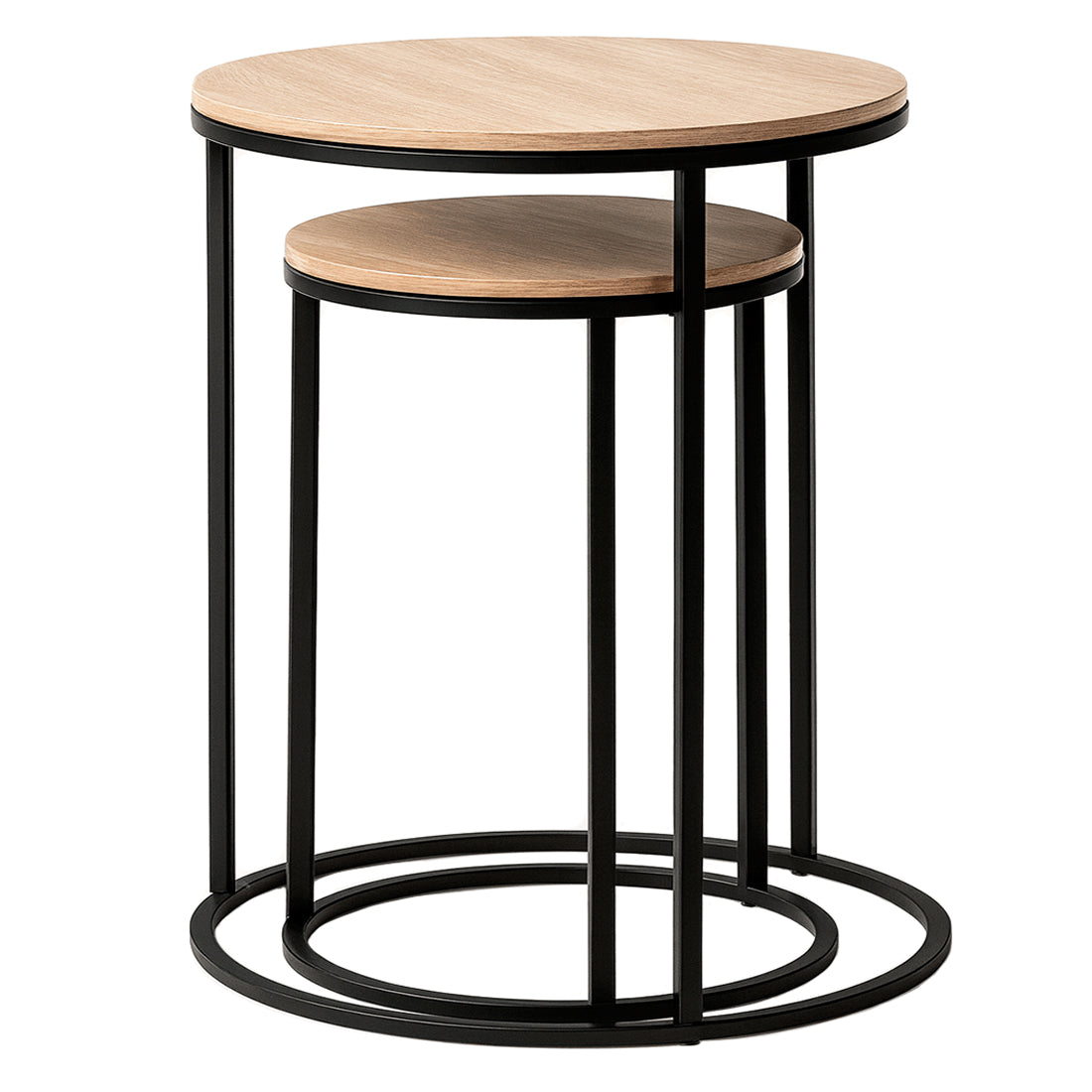 Set 2 Mesas Auxiliares Redondas de Madera y Metal, Natural