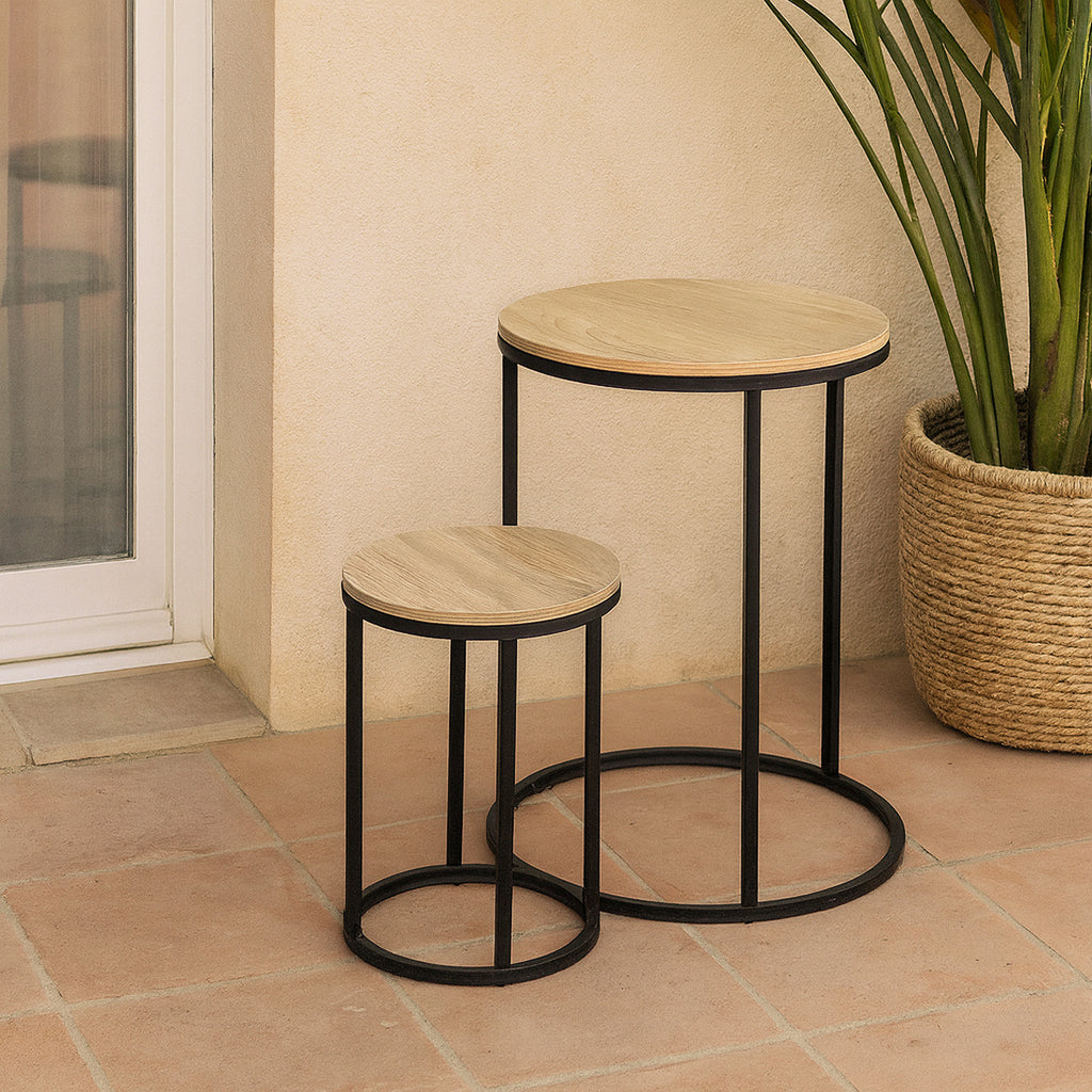 Set 2 Mesas Auxiliares Redondas de Madera y Metal, Natural