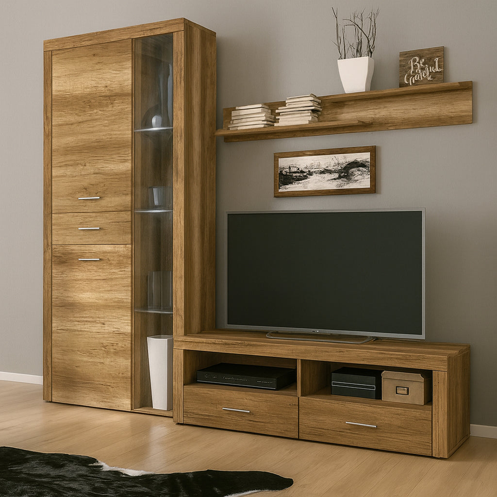 Mueble de salón Texas con vitrina, módulo TV y estante