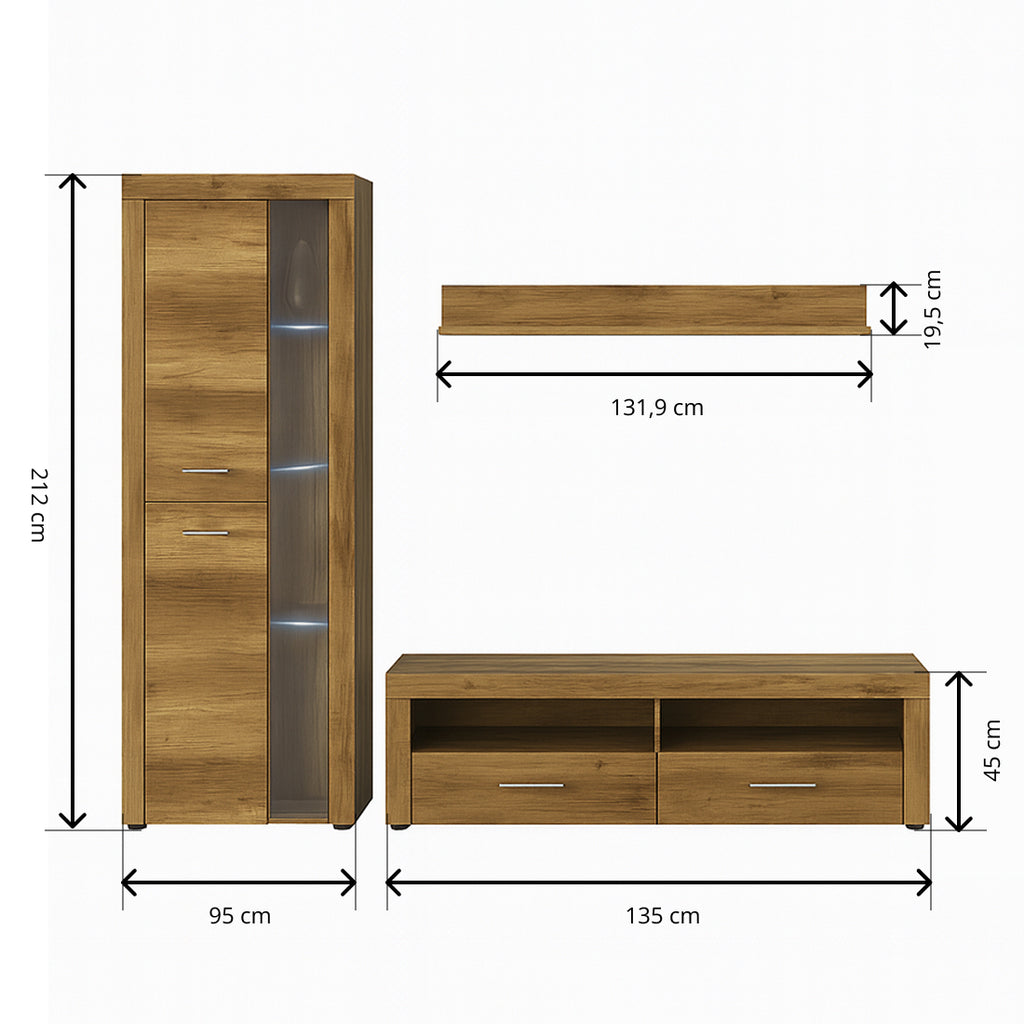 Mueble de salón Texas con vitrina, módulo TV y estante