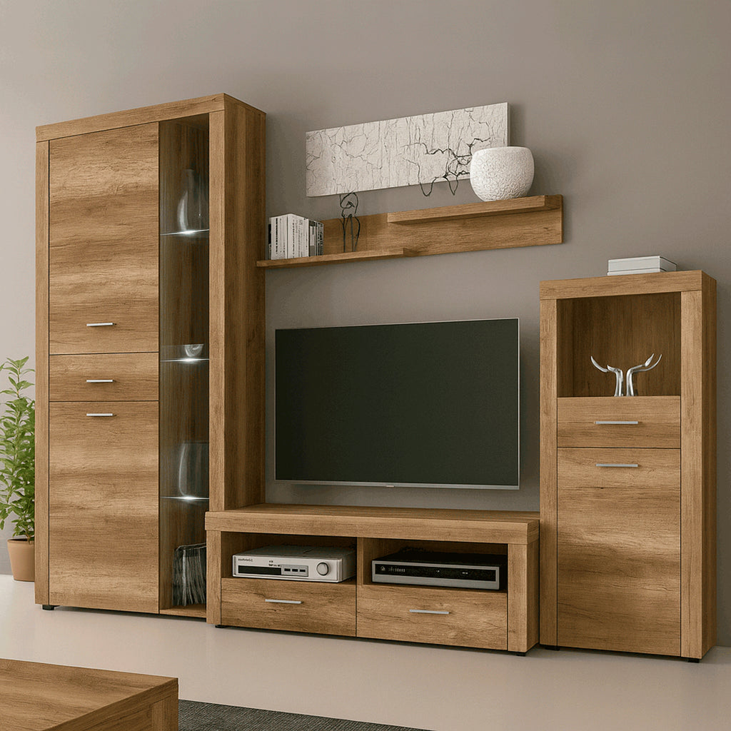 Mueble de salón Texas con 2 vitrinas, módulo TV y estante