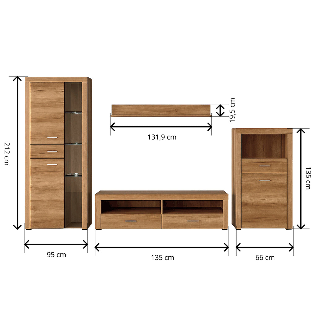 Mueble de salón Texas con 2 vitrinas, módulo TV y estante