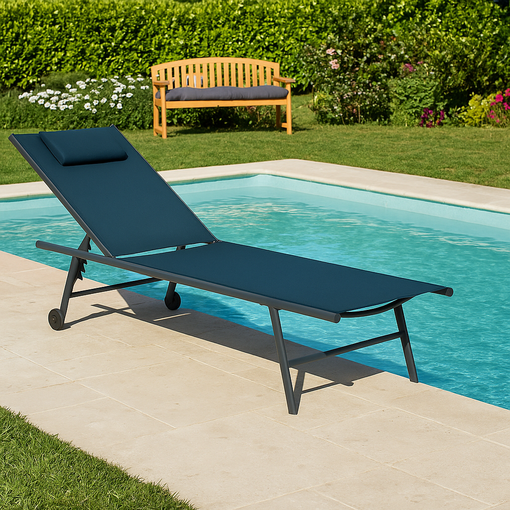 Tumbona con Ruedas Plegable y Reclinable Azul Petróleo