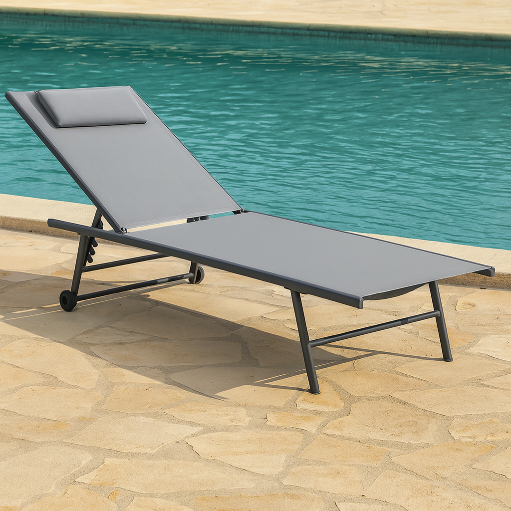 Tumbona con Ruedas Plegable y Reclinable Gris